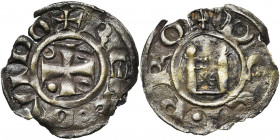 CHYPRE, Gui de Lusignan, seigneur de Chypre (1192-1194), Billon denier. Type 1A. D/ + REX GVIDO Croix cantonnée de deux croissants et deux annelets. R...