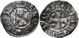 CHYPRE, Gui de Lusignan, seigneur de Chypre (1192-1194), billon denier. Sans étoile dans la porte. D/ + REX GVIDO Porte fortifiée. R/ + DE CIPRO Croi...