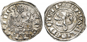 ROYAUME DE CHYPRE, Henri II (1285-1324), AR demi-gros (gros petit), début du règne, Nicosie. Monnayage lourd. D/ Le roi trônant de f., ten. un long sc...