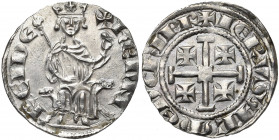 ROYAUME DE CHYPRE, Henri II (1285-1324), AR gros, 1310-1324, Nicosie (?). Série 1a (avec V). D/ HENRI REI DE Le roi trônant de f. sur deux lions, ten....