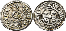 ROYAUME DE CHYPRE, Henri II (1285-1324), AR demi-gros, 1310-1324, Nicosie (?). Série 1a. D/ Le roi assis de f. sur un trône supporté par deux lions. A...