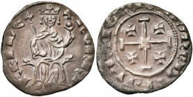 ROYAUME DE CHYPRE, Henri II (1285-1324), AR demi-gros, Famagouste (?). Série 1b (IERUSAL''M). D/ Le roi assis de f. sur un trône supporté par deux lio...