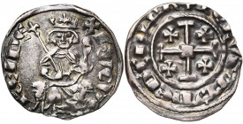 ROYAUME DE CHYPRE, Hugues IV (1324-1359), AR demi-gros, Famagouste (?). D/ Le roi trônant de f. sur deux lions, ten. un sceptre et un gl. cr. Deux lig...