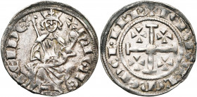 ROYAUME DE CHYPRE, Hugues IV (1324-1359), AR gros. D/ Le roi trônant de f. sur deux lions, ten. un sceptre et un gl. cr. Légende HUGUE. Une croisette ...