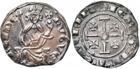 ROYAUME DE CHYPRE, Hugues IV (1324-1359), AR gros, Famagouste (?). D/ Le roi trônant de f. sur deux lions, ten. un sceptre et un gl. cr. Légende HVGVE...