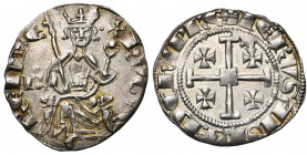 ROYAUME DE CHYPRE, Hugues IV (1324-1359), AR gros. D/ Le roi trônant de f. sur deux lions, ten. un sceptre et un gl. cr. Une croisette au col. A g., B...