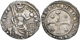 ROYAUME DE CHYPRE, Pierre Ier (1359-1369), AR demi-gros. Type A. D/ Le roi trônant de f., ten. une épée et un gl. cr. A d., son écu. R/ Croix de Jérus...