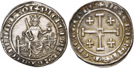 ROYAUME DE CHYPRE, Pierre Ier (1359-1369), AR gros. De facture soignée. D/ + PIERE PAR LA GRACE DE DIE ROI Le roi trônant de f., ten. une épée et un g...