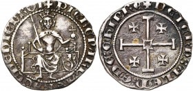 ROYAUME DE CHYPRE, Pierre Ier (1359-1369), AR gros. D/ Le roi trônant de f., ten. une épée et un gl. cr. Un annelet au col. A d., son écu. R/ Croix de...