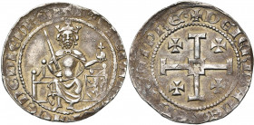 ROYAUME DE CHYPRE, Pierre Ier (1359-1369), AR gros. D/ Le roi trônant de f., ten. une épée et un gl. cr. Un annelet au col. A d., son écu. R/ Croix de...