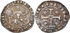 ROYAUME DE CHYPRE, Pierre Ier (1359-1369), AR gros. D/ Le roi trônant de f., ten. une épée et le gl. cr., le manteau retenu par une croisette. A d., s...