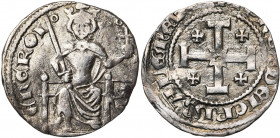 ROYAUME DE CHYPRE, Pierre Ier (1359-1369), AR demi-gros. D/ Le roi trônant de f., ten. une épée et un gl. cr. A d., son écu. Deux annelets dans le cha...