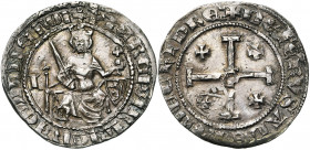 ROYAUME DE CHYPRE, Pierre Ier (1359-1369), AR gros. D/ Le roi trônant de f., ten. une épée et le gl. cr. A g., I. A d., son écu. R/ Croix de Jérusalem...