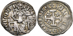 ROYAUME DE CHYPRE, Pierre Ier (1359-1369), AR demi-gros, 1361-1373, Antalya (?). Monnayage léger, aux légendes françaises. D/ + PI-ERE RO-I Le roi ass...