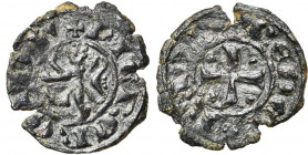ROYAUME DE CHYPRE, Pierre Ier (1359-1369) ou Pierre II (1369-1382), Cu denier. D/ Lion rampant à g. R/ Croix cantonnée de quatre points. Metcalf -; CC...
