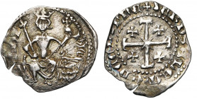 ROYAUME DE CHYPRE, Pierre II (1369-1382), AR demi-gros, Nicosie. D/ Le roi trônant de f., ten. un sceptre fleurdelisé et un gl. cr. A g., R. A d., son...