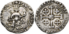 ROYAUME DE CHYPRE, Pierre II (1369-1382), AR gros, Famagouste. D/ Le roi trônant de f., ten. un sceptre fleurdelisé et un gl. cr. A d., son écu. R/ Cr...