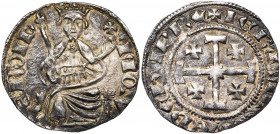ROYAUME DE CHYPRE, Jacques Ier (1382-1398), AR gros. 2e type. Groupe 1. D/ + IAQV-E ROI D Le roi trônant de f., ten. un sceptre fleurdelisé et un gl. ...