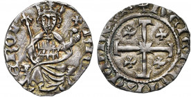 ROYAUME DE CHYPRE, Jacques Ier (1382-1398), AR demi-gros. 2e type. Groupe 1. D/ + IAQV-E ROI Le roi trônant de f., ten. un sceptre fleurdelisé et un g...