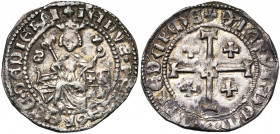 ROYAUME DE CHYPRE, Janus (1398-1432), AR gros. type C3. Au titre de roi d''Arménie. D/ Le roi trônant de f., ten. un sceptre fleurdelisé et un gl. cr....