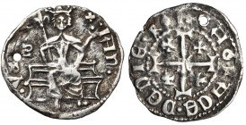 ROYAUME DE CHYPRE, Janus (1398-1432), AR demi-gros. type C. Au titre de roi d''Arménie. D/ Le roi trônant de f., ten. un sceptre fleurdelisé et un gl....