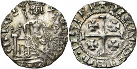 ROYAUME DE CHYPRE, Jean II (1432-1458), AR gros. Type C. D/ Le roi trônant de f., ten. un sceptre fleurdelisé et un gl. cr. A d., lettre P au-dessus d...