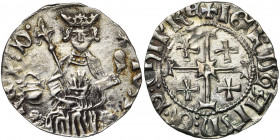 ROYAUME DE CHYPRE, Jean II (1432-1458), AR gros. Type H1. D/ Le roi trônant de f. sur deux lions, ten. un sceptre fleurdelisé et un gl. cr. A g., un c...