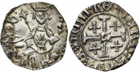 ROYAUME DE CHYPRE, Jean II (1432-1458), AR gros. Type H1. D/ Le roi trônant de f. sur deux lions, ten. un sceptre fleurdelisé et un gl. cr. A g., un c...