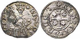 ROYAUME DE CHYPRE, Jean II (1432-1458), AR gros. Type anonyme. D/ + REX: DE- CIPR Le roi trônant de f. sur deux lions, ten. un sceptre fleurdelisé et ...