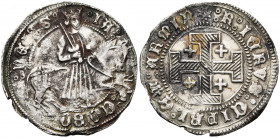 ROYAUME DE CHYPRE, Jacques II (1460-1473), AR gros. Type B. D/ IA-COBO- DEI G Le roi galopant à cheval à d., vêtu d''un long manteau, ten. son épée su...