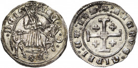 ROYAUME DE CHYPRE, Jacques II (1460-1473), AR gros. Type E. D/ IAC-O-BS- DEI G Le roi menant son cheval au pas à d., vêtu d''un long manteau, ten. son...