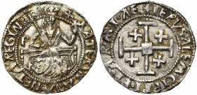 ROYAUME DE CHYPRE, Catherine Cornaro (1474-1489), AR gros. Type B. D/ + KATERINA VENETΛ REGIN La reine trônant de f., ten. un sceptre et un gl. cr. A ...