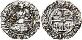 ROYAUME DE CHYPRE, Catherine Cornaro (1474-1489), AR gros. Type B. D/ La reine trônant de f., ten. un sceptre et un gl. cr. A g, P. R/ Croix de Jérusa...
