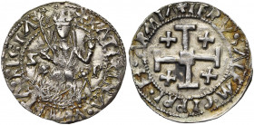 ROYAUME DE CHYPRE, Catherine Cornaro (1474-1489), AR gros. Type D. D/ La reine trônant de f., ten. un sceptre et un gl. cr., entre S-P. R/ Croix de Jé...