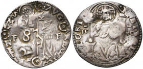 CHYPRE, sous domination vénitienne, (1489-1571), AR 8 soldi. Contremarqué sur un marcello d''Agostino Barbarigo (1486-1501). D/ Contremarques: 8 et 2 ...