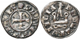 PRINCIPAUTE D''ACHAIE, Louis de Bourgogne (1313-1316), billon denier tournois, Clarentza. D/ + LODOVIC'' D'' B'' P ACH''E Croix. R/ +DE CLARENCIA Ch...
