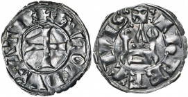 DUCHE D''ATHENES, Gui II de la Roche (1287-1308), billon denier tournois, 1287-1294. Frappé pendant sa minorité. D/ + GVIOT DVX ATH'' Croix. R/ + THEB...