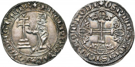 ORDRE DE SAINT-JEAN A RHODES, Hélion de Villeneuve (1319-1346), AR gigliat, à partir de 1332. Premier type. D/ Le grand maître agenouillé à g., t. de ...