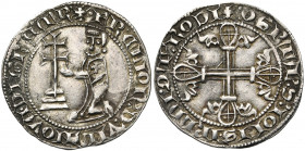 ORDRE DE SAINT-JEAN A RHODES, Hélion de Villeneuve (1319-1346), AR gigliat, à partir de 1332. Premier type. D/ Le grand maître agenouillé à g., t. de ...