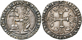 ORDRE DE SAINT-JEAN A RHODES, Hélion de Villeneuve (1319-1346), AR aspre (demi-gigliat). Premier type. D/ Le grand maître agenouillé à g., t. de f., d...