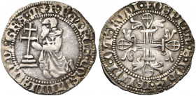 ORDRE DE SAINT-JEAN A RHODES, Pierre de Corneillan (1354-1355), AR gigliat. D/ Le grand maître agenouillé à g. devant la croix patriarcale posée sur t...