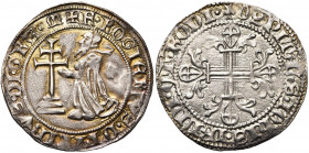 ORDRE DE SAINT-JEAN A RHODES, Roger de Pins (1355-1365), AR gigliat. 2e type. D/ Le grand maître agenouillé à g. devant une croix patriarcale. A d., u...