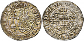 ORDRE DE SAINT-JEAN A RHODES, Robert de Juilly (1374-1377), AR gigliat. D/ Le grand maître agenouillé à g. devant une croix patriarcale. A d., son écu...