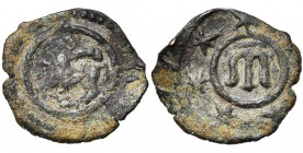 CAFFA, colonie génoise, Banque de Saint-Georges (1453-1475), AE follaro, s.d. D/ Saint Georges chevauchant à g., terrassant le dragon. R/ Tamgha des G...
