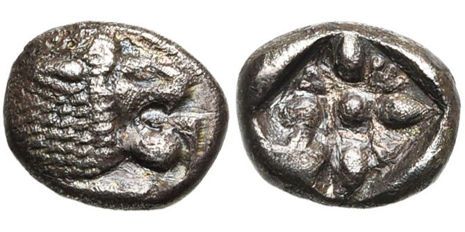 IONIE, MILET, AR 1/12 statère, 525-500 av. J.-C. D/ Protome de lion t. à d., la ...