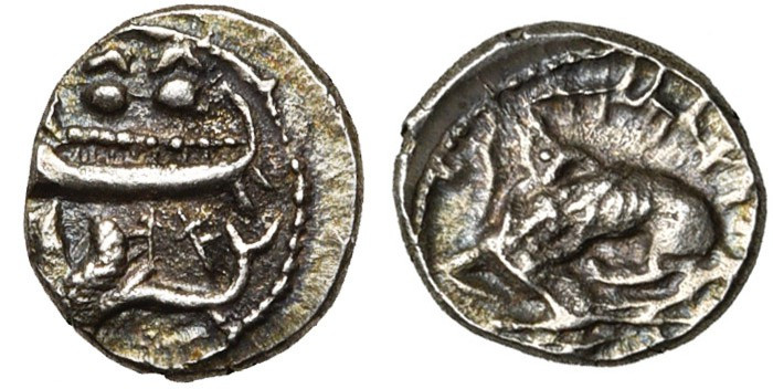 PHENICIE, BYBLOS, Ainel (vers 333 av. J.-C.), AR 1/16 sheqel. D/ Galère phénicie...