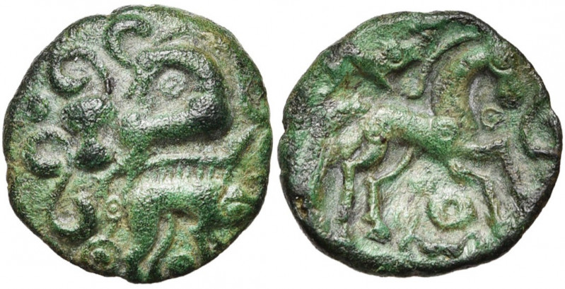 GAULE BELGIQUE, Ambiani, AE bronze. D/ Sanglier à d. sous un cheval sans membres...