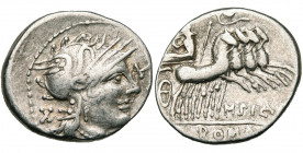 Q. Curtius et M. Silanus, AR denier, 116 ou 115 av. J.-C., Rome. D/ Q·CVRT T. de Roma à d. Derrière la nuque, . R/ M. SIL/ ROMA Jupiter dans un quad...