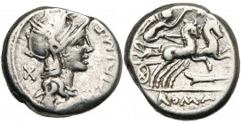 M. Cipius, AR denier, 115-114 av. J.- C., Rome. D/ M·CIPI·M·F T. casquée de Roma à d. Derrière la t., . R/ ROMA Victoire ten. une palme, conduisant u...