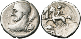 Ti. Quinctius, AR denier, 112-111 av. J.-C., Rome. D/ B. d''Hercule vu de dos, t. à g., une massue sur son épaule d. R/ Desultor chevauchant à g. Derr...